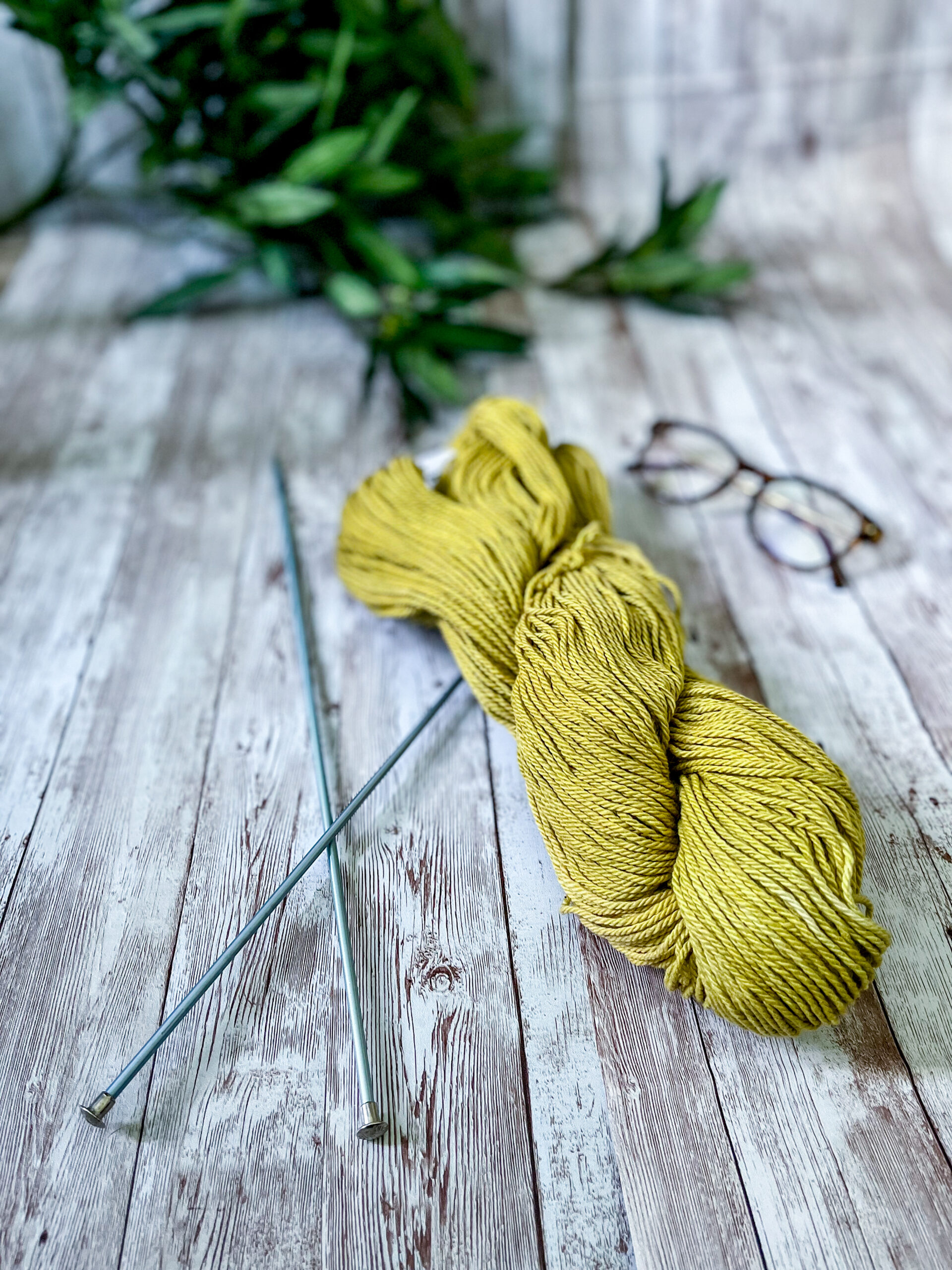 A skein of mustard yellow Virginia-grown cotton rests on a wood panel, with a pair of knitting needles, reading glasses and greenery around it