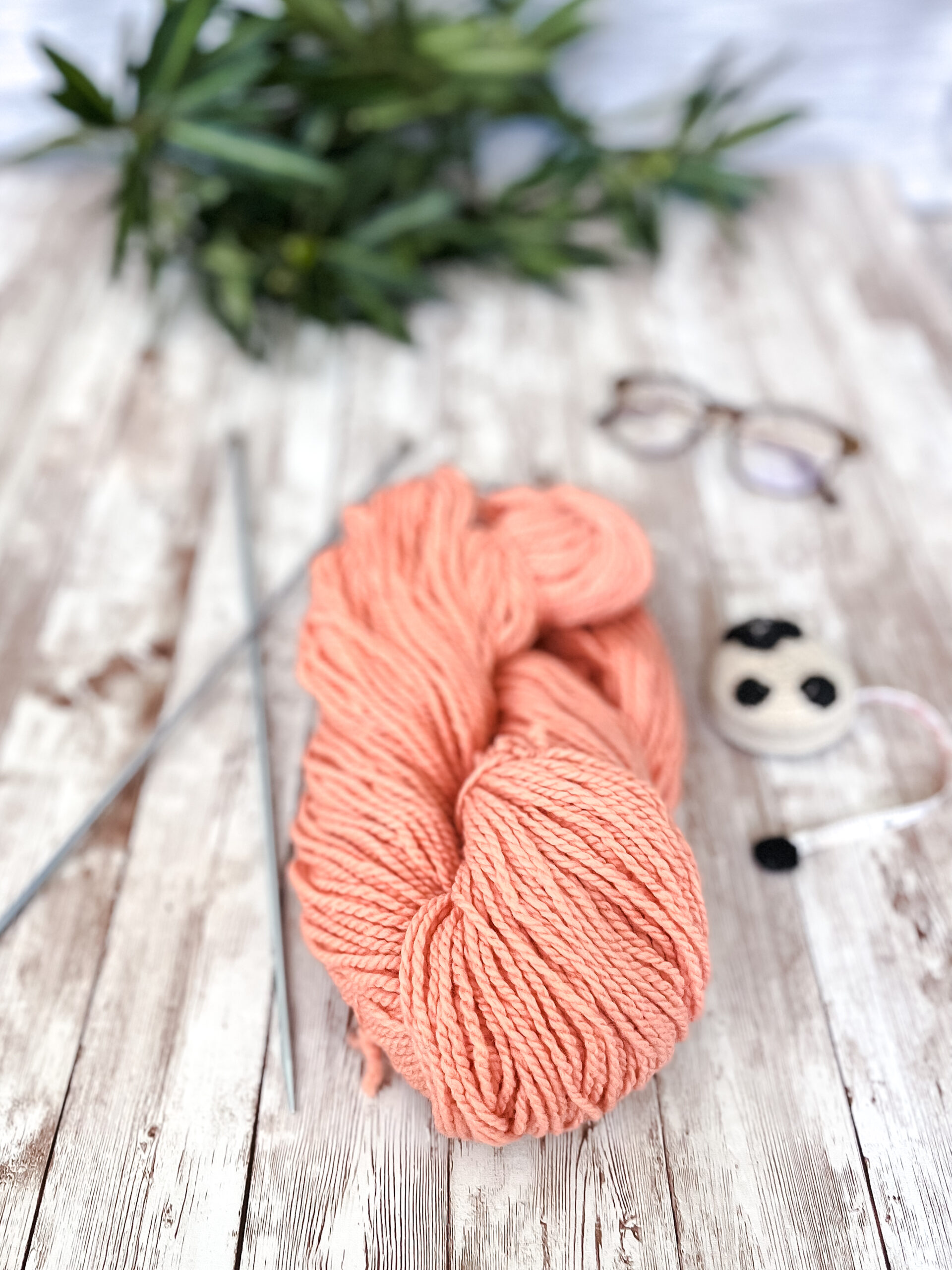 A hank of peach, Virginia farmed fine merino yarn rests on a wood plank, with knitting needles, a sheep measuring tape, a pair of reading glasses, and some greenery around it