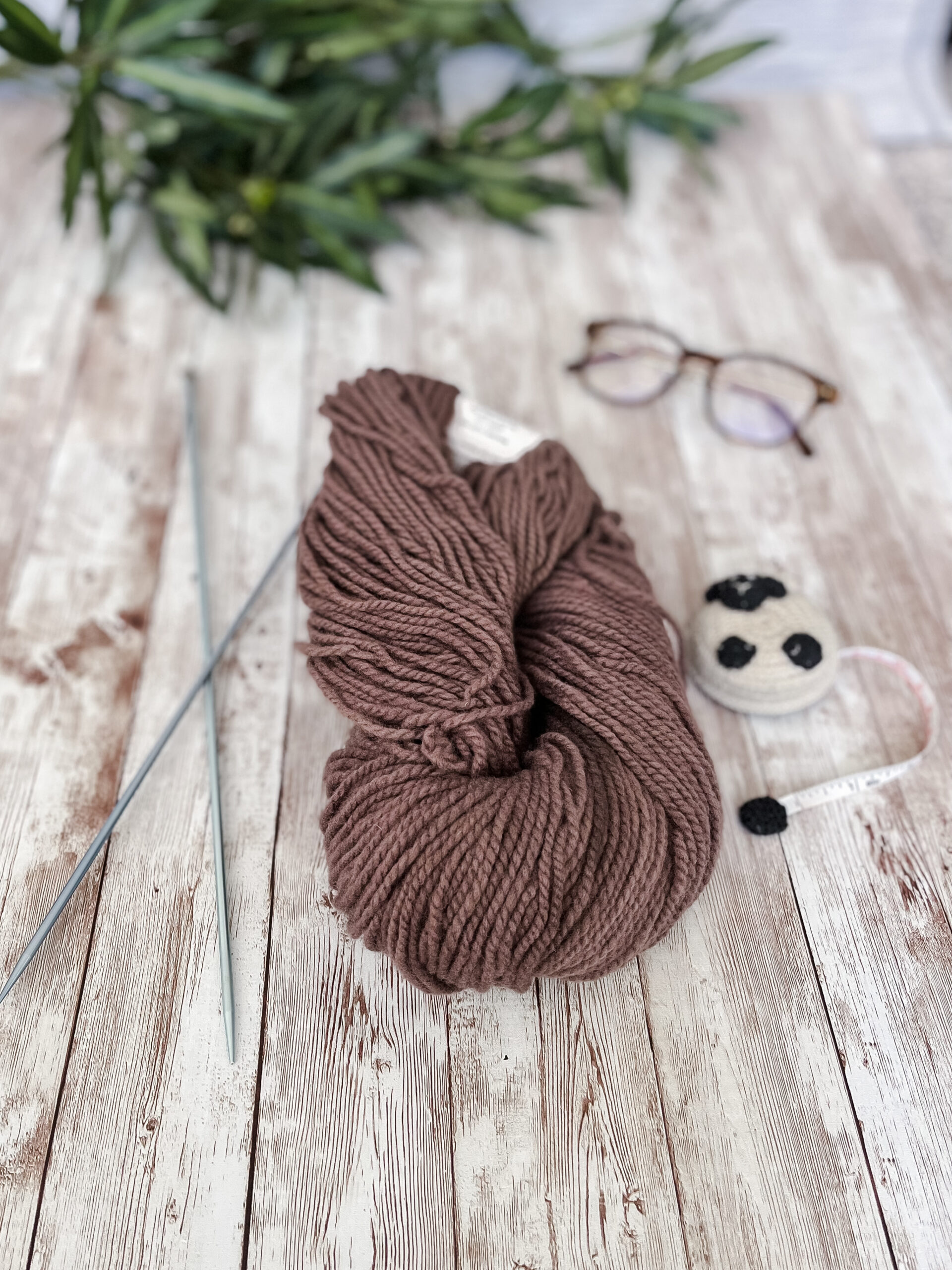 A hank of brown, Virginia farmed fine merino yarn rests on a wood plank, with knitting needles, a sheep measuring tape, a pair of reading glasses, and some greenery around it