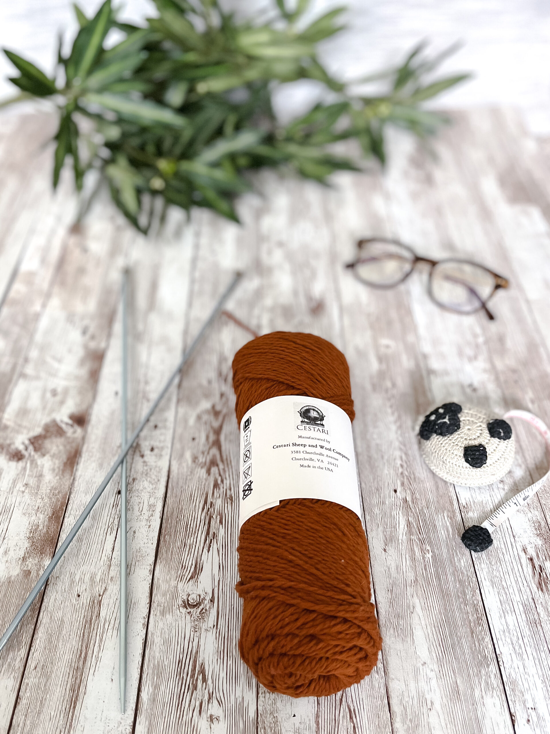 A rust colored skein of yarn rests on a wood plank, with a pair of knitting needles, reading glasses, a lamb tape measure and greenery around it