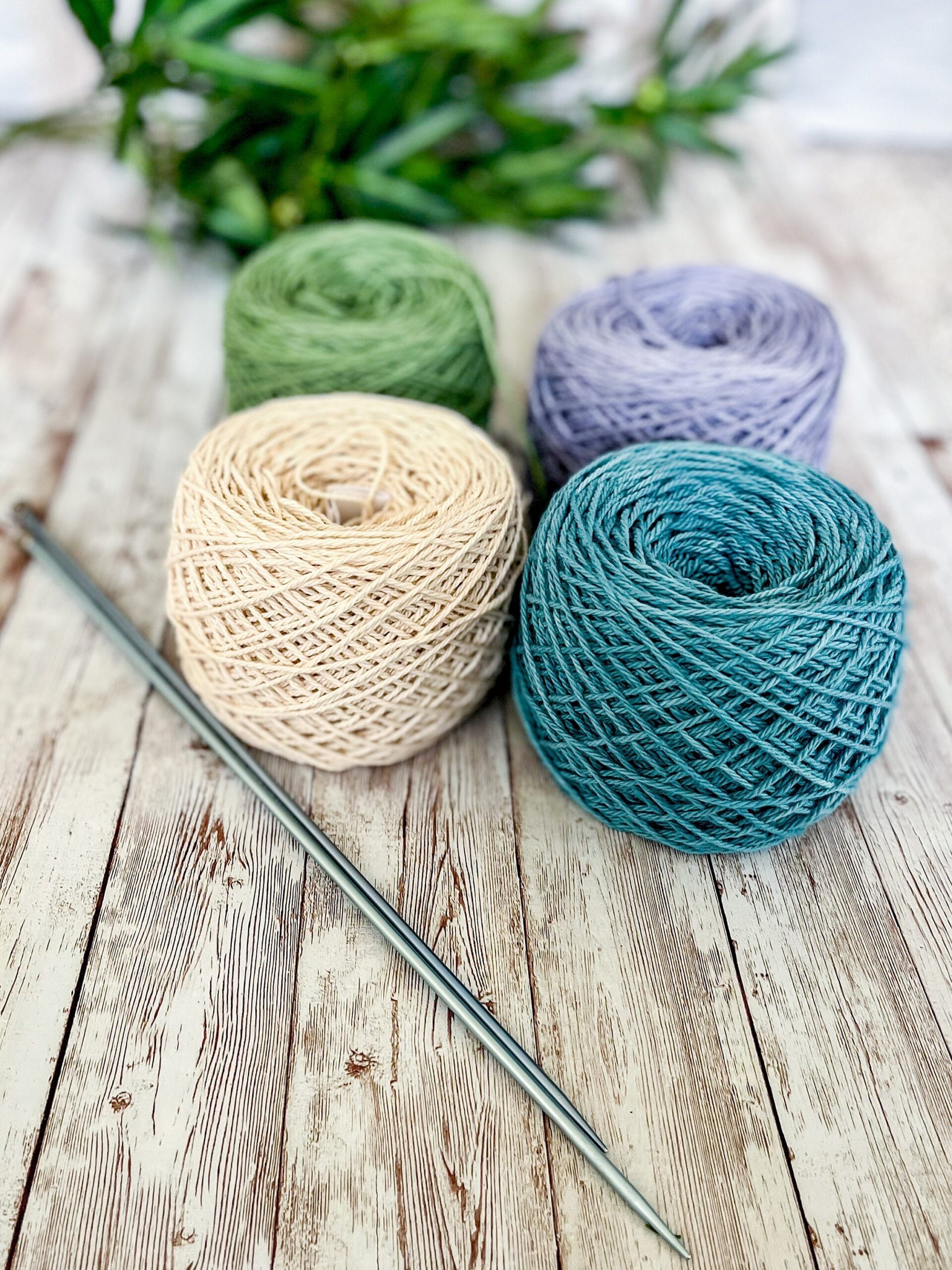 A group of 4 center pull cakes of yarn rest on a plank of wood with a pair of knitting needles in the bottom left corner and greenery in the background. The yarn is 4 cakes of Virginia grown cotton in an undyed white, blue, green, and purple colors