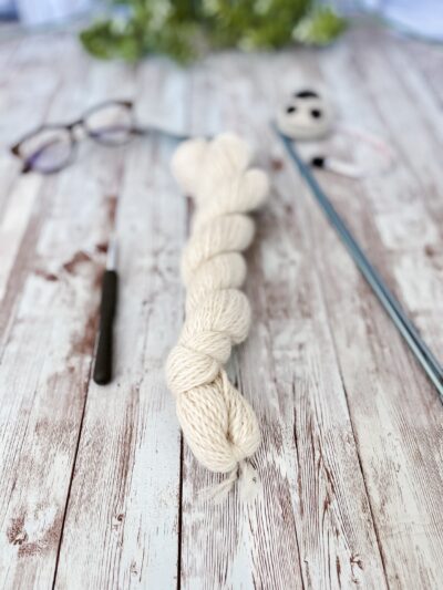 Natural white, Virginia-raised alpaca yarn, sport weight