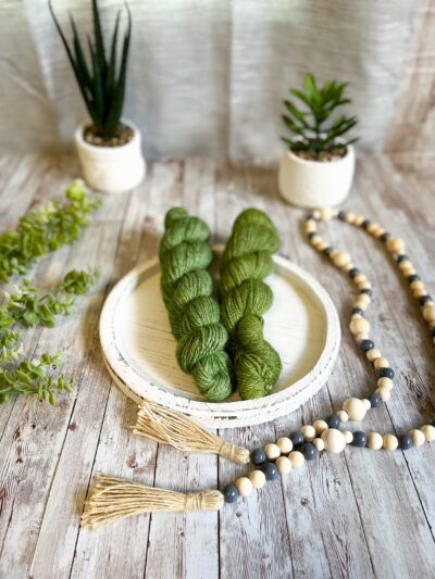 2 skeins of hand-dyed, moss green yarn rest on a white wooden trivet. A strand of beads is draped to the right, some greenery is on the left, and 2 succulent plants are in the background.