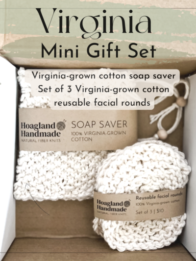 A white box contains a Virginia-grown cotton soap saver and set of reusable facial rounds. The text reads "Virginia Mini Gift Set" and includes a list of the 2 items included.